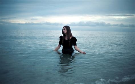 women, Sea, Black Dress