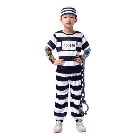 Prisoner Jail Cosplay Costume with Tattoo Sleeve and Toy Handcuffs for Kids