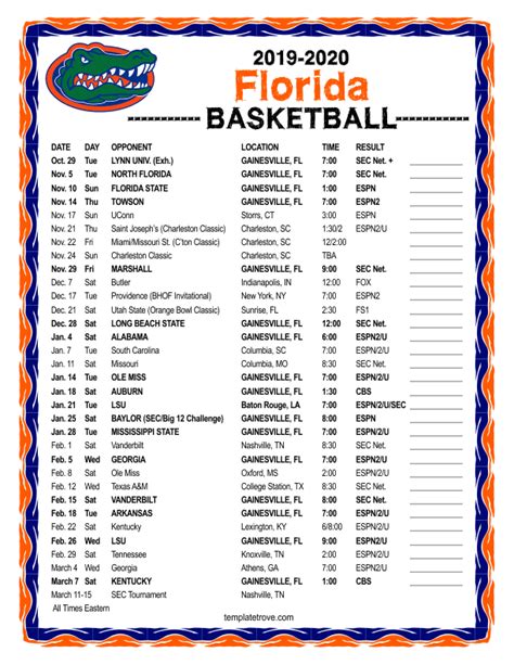 Printable 2019-2020 Florida Gators Basketball Schedule