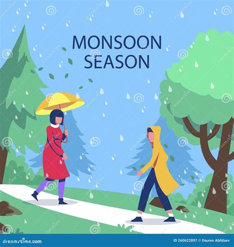 Flat Monsoon Season Illustration with People Walking Rain Vector ...