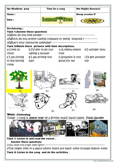 lemon tree song: English ESL worksheets pdf & doc