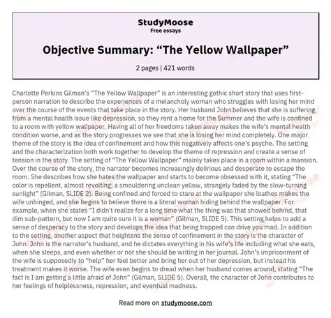 Objective Summary: “The Yellow Wallpaper” Free Essay Example