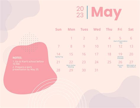 Pink May 2023 Calendar - Download in Word, Google Docs, Illustrator, PSD, Apple Pages | Template.net