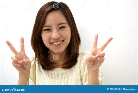 Smiling Young Woman Two Finger Peace Sign Hand Gesture Stock Photo ...