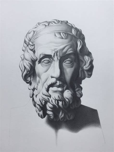 a black and white drawing of a bust of an old man with long hair wearing a crown