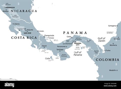 Costa Rica and Panama, gray political map, with Isthmus of Panama ...