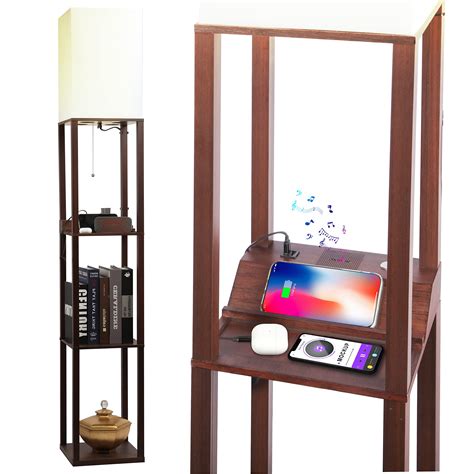 Buy Brown Shelf Floor Lamps with USB Charging Ports and Wireless Speaker, Dimmable Touch Control ...