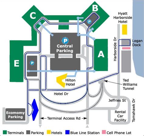 Logan Airport map in Boston, M.A. The royal blue indicates the Blue Line Station. An airport ...