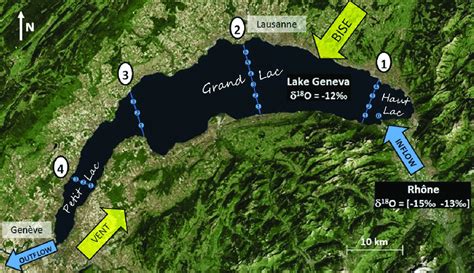 Lake Geneva aerial view. Locations of the Rhône River inflow and ...