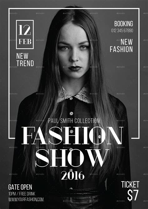 the fashion show flyer is displayed in black and white, with an image of a woman's face