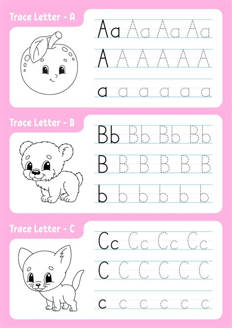 Writing letters a, b, c. Tracing page. Worksheet for kids. Practice sheet. Learn alphabet. Cute ...