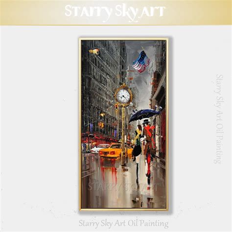 Free Shipping Artist Hand painted High Quality Walking in New York Oil Painting on Canvas Rainy ...