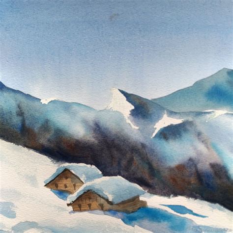 Watercolor painting Snow peaks (blue white mountains winter landscape) – купить на Ярмарке ...