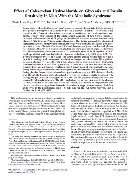 (PDF) Effect of Colesevelam Hydrochloride on Glycemia and Insulin Sensitivity in Men With the ...