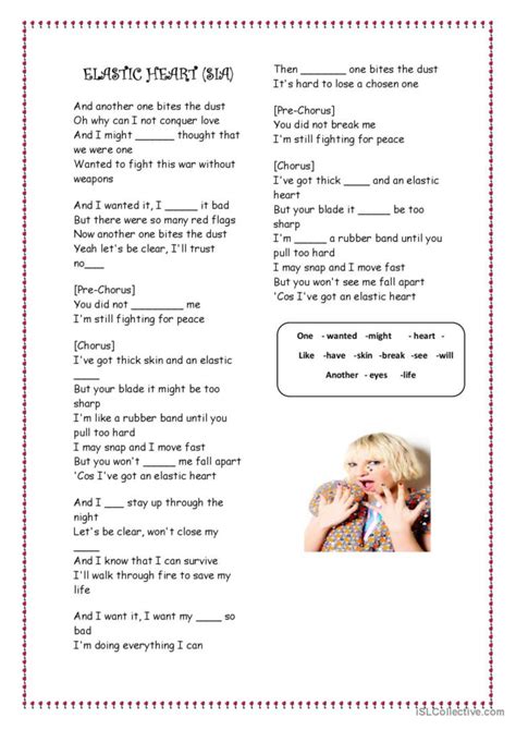 Lyrics Sia Elastic heart: English ESL worksheets pdf & doc