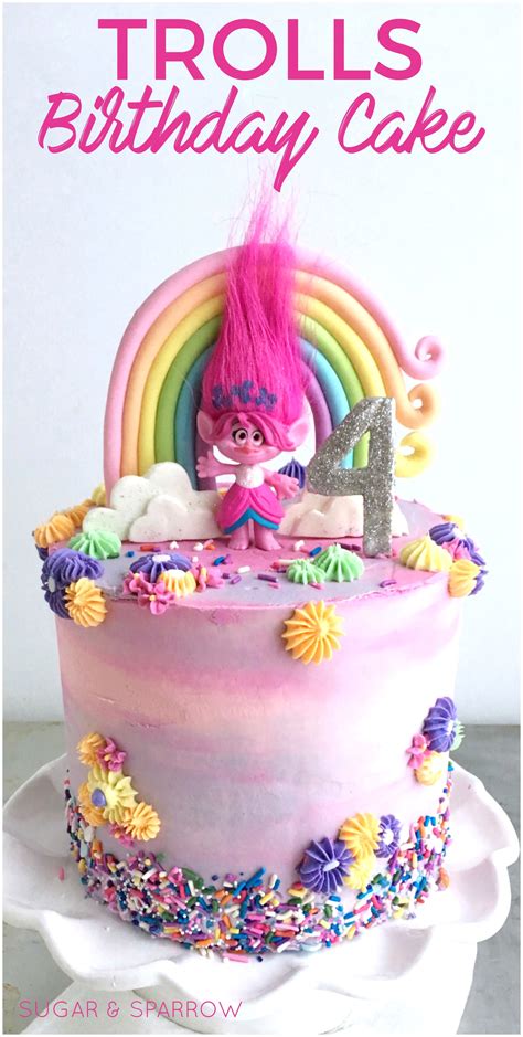 Trolls birthday cake with fondant rainbow and edible glitter! By Sugar & Sparrow #cake # ...