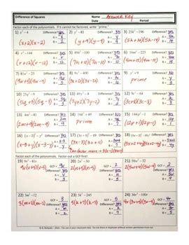 Difference of Squares Worksheet with Answer Key by Brenda Richards