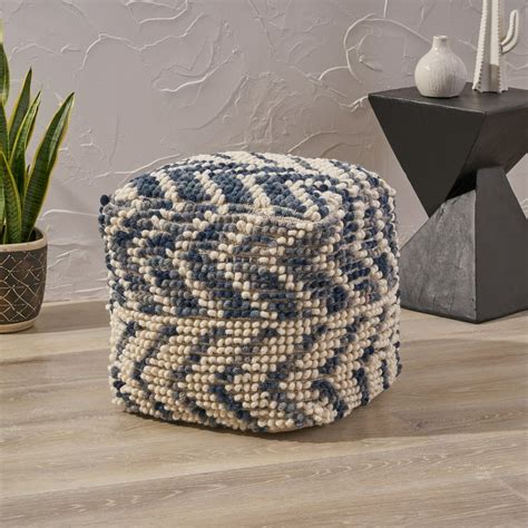 Bonnie Boho Wool and Cotton Large Ottoman Pouf, White and Blue ...