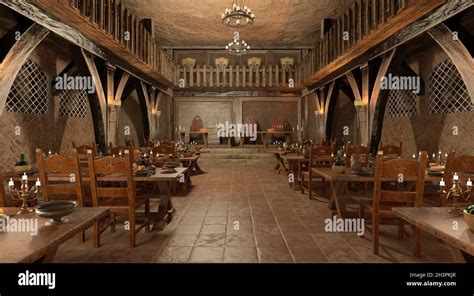 3D illustration medieval castle great hall interior Stock Photo - Alamy