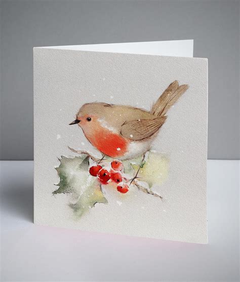 Robin on Holly Christmas Cards, Pack of 10 | Watercolor christmas cards, Christmas card art ...