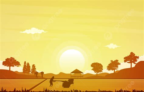 Sunrise Asian Farmer Paddy Rice Field Agriculture Nature Illustration, Brochure, Design, Ecology ...