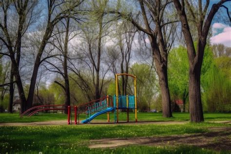 Premium AI Image | A colorful playground for children in a park luxuriant grass