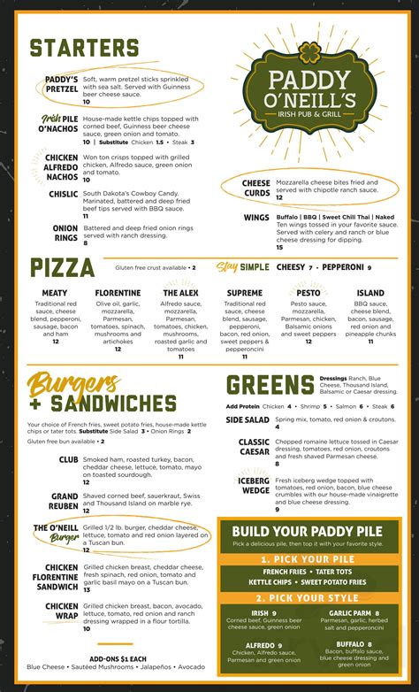 Paddy O'Neill's Irish Pub & Grill menu in Rapid City, South Dakota