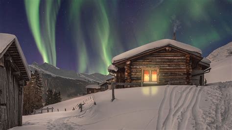 Snow Covered House In Aurora Borealis During Winter HD Winter Wallpapers | HD Wallpapers | ID #53912