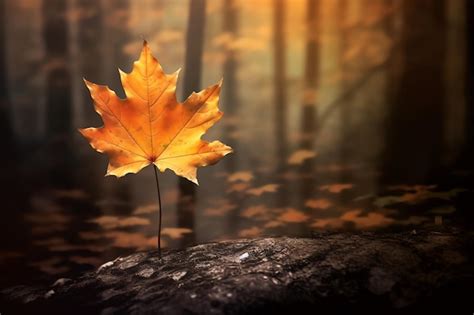 Premium AI Image | A maple leaf on a rock in the woods