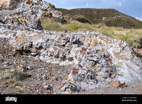 Ignimbrite volcanic rock formation. The yellow veins are jarosite mineral and reddish are ...