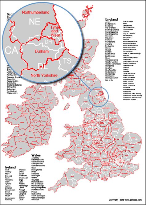 UK County Boundary Map with Postcode Areas