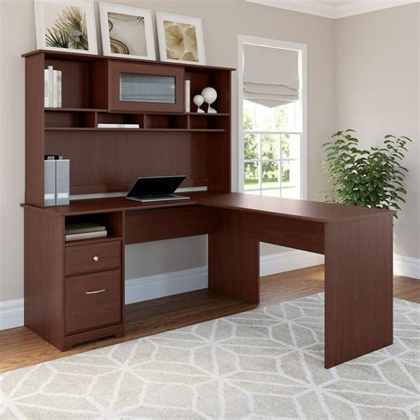 Bush Furniture Cabot 60W L Shaped Computer Desk with Hutch and Drawers in Harvest Cherry ...