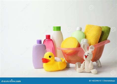 Baby Bathing Accessories, Cosmetic Products and Toys Stock Image ...