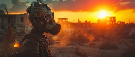 Premium Photo | Sunset Gas Mask Postapocalyptic Survivor Urban Ruins Dust Storm Photography ...