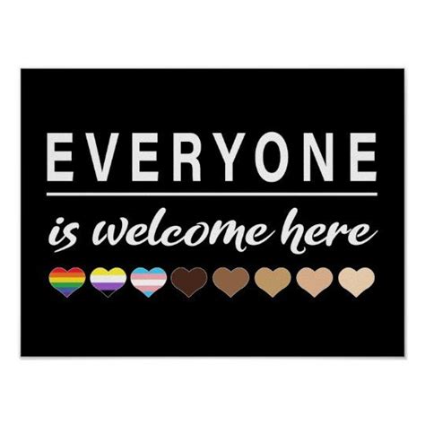 everyone is welcome here with hearts and rainbows on the black ...