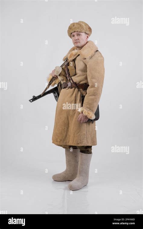 A man in a winter military uniform of an officer of the Soviet army during World War Two Stock ...