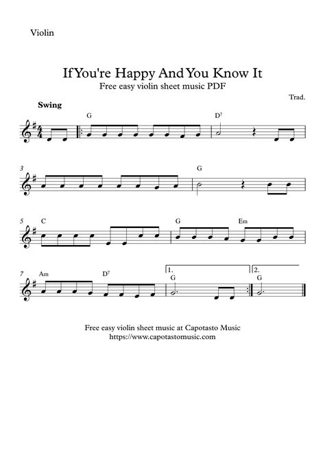 Easy Sheet Music For Beginners: If You're Happy And You Know It | Free easy violin sheet music ...