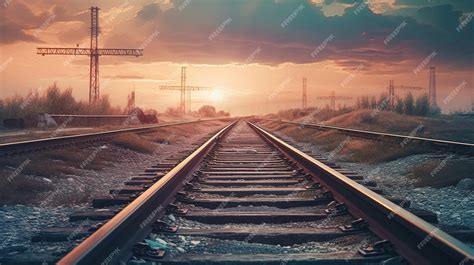 Premium Photo | Train tracks with a sunset in the background