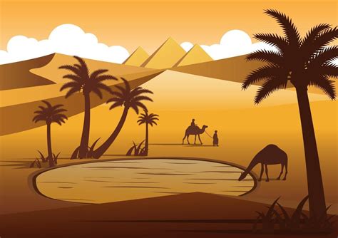 Camel drinking water in oasis desert near pyramids 2397427 Vector Art ...