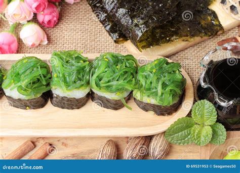 Sushi Roll and Seaweed Salad is Delicious. Stock Image - Image of mixed, wasabi: 69531953