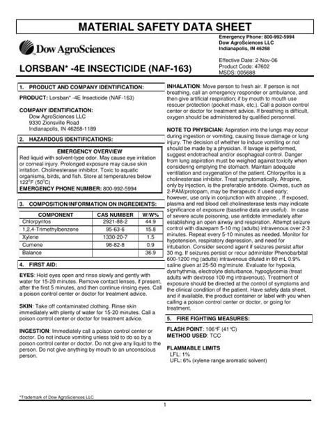 material safety data sheet lorsban* -4e insecticide (naf-163)