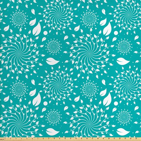 Turquoise Fabric by The Yard, Blossoming Nature Theme Swirls Vortex Leaves Stalks and Dots ...