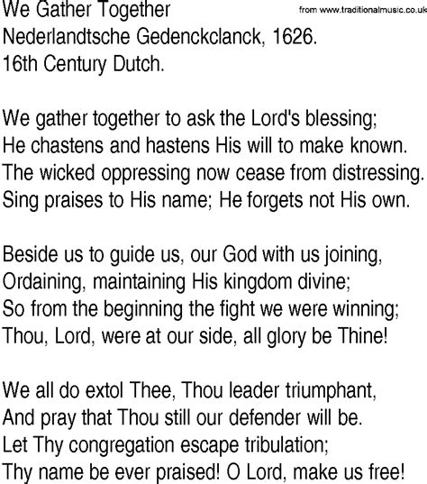 Hymn and Gospel Song Lyrics for We Gather Together by Nederlandtsche ...