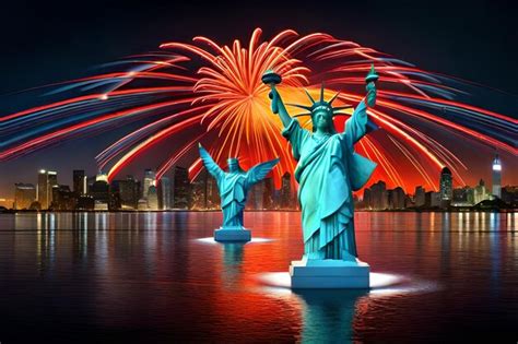 Premium AI Image | Fireworks in the sky with statue of liberty