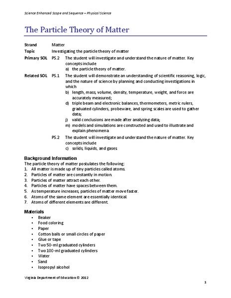 The Particle Theory of Matter Lesson Plan for 9th - 12th Grade | Lesson ...