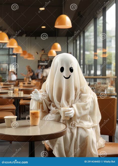 Cartoon Ghost in White Sheet Drinks Cocoa Alone in a Coffee Shop on ...