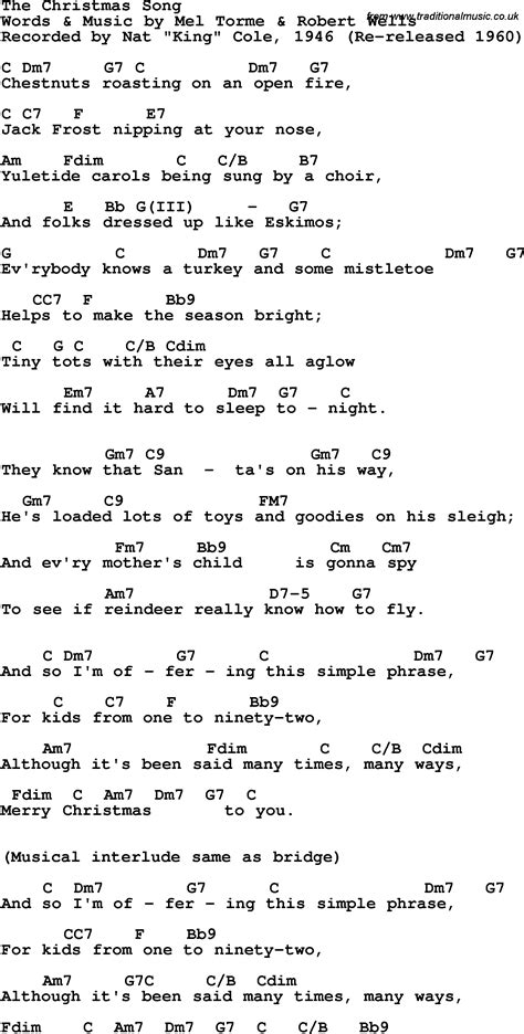 Song lyrics with guitar chords for Christmas Song, The - Nat King Cole, 1946