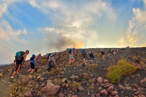 STROMBOLI VOLCANO, ITALY - AUGUST 2015: Group Of Tourists Hiking On Top Of The Stromboli Volcano ...