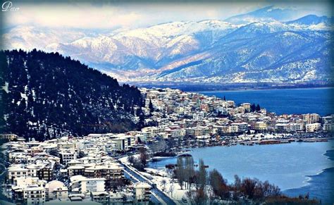 Kastoria with snow capped mountains