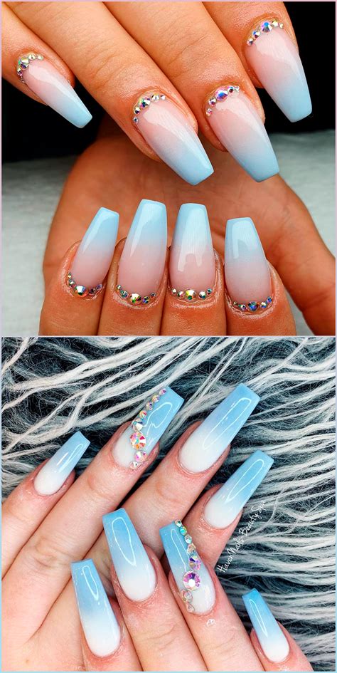 Cute baby blue ombre acrylic nails with rhinestones ideas! # ...